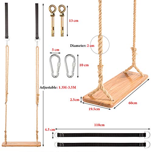 Yangbaga Columpio Infantil para Exterior / Interior Columpio Bebe Jardin,Columpio Madera para Niños y Adultos Ajustable,Correa para Columpio de árbol(2pcs) y Mosquetón