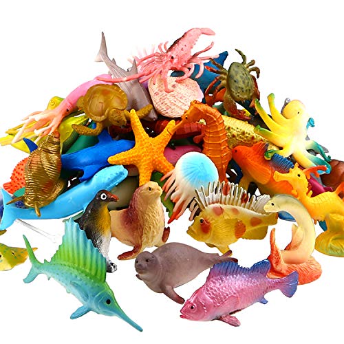 YeoNational Toys Animales de Juguete, Surtido DE 52 Mini Figuras de Animales Marinos de Plástico, Fauna Submarina Realista para Jugar en el Baño, Fiesta Educativa del Mar, Adorno de Tarta o Cupcake