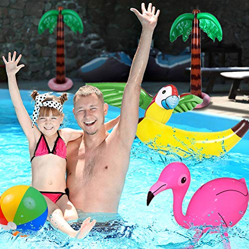 Yetech 9PCS Inflables Palmeras Flamingo Juguetes,Pelotas de Playa de plátano Dolphin Parrot,90CM Flotador Inflable de Piscina,Hawaii Luau Party Decoración Fondo Natación Juguetes - con Bomba de Aire