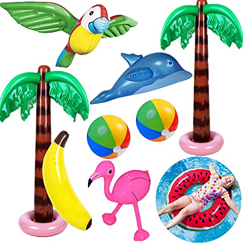 Yetech 9PCS Inflables Palmeras Flamingo Juguetes,Pelotas de Playa de plátano Dolphin Parrot,90CM Flotador Inflable de Piscina,Hawaii Luau Party Decoración Fondo Natación Juguetes - con Bomba de Aire