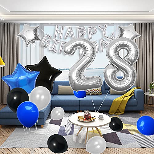 Yijunmca 33 globos para decoración de fiesta de cumpleaños de 28 unidades, con número 28, globo de helio y látex, ideal para mujeres, hombres, suministros de 28 cumpleaños, azul negro y plateado