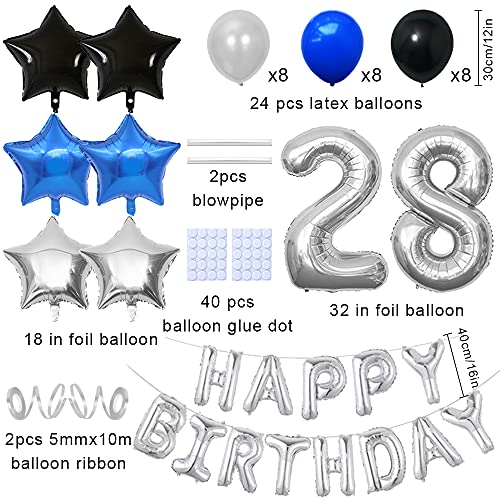 Yijunmca 33 globos para decoración de fiesta de cumpleaños de 28 unidades, con número 28, globo de helio y látex, ideal para mujeres, hombres, suministros de 28 cumpleaños, azul negro y plateado