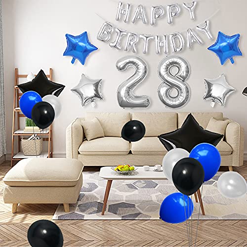 Yijunmca 33 globos para decoración de fiesta de cumpleaños de 28 unidades, con número 28, globo de helio y látex, ideal para mujeres, hombres, suministros de 28 cumpleaños, azul negro y plateado