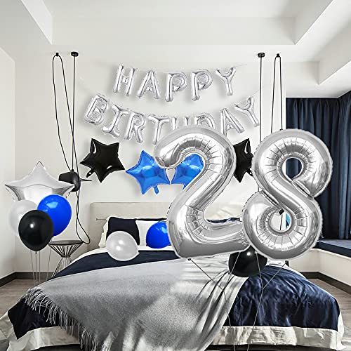 Yijunmca 33 globos para decoración de fiesta de cumpleaños de 28 unidades, con número 28, globo de helio y látex, ideal para mujeres, hombres, suministros de 28 cumpleaños, azul negro y plateado