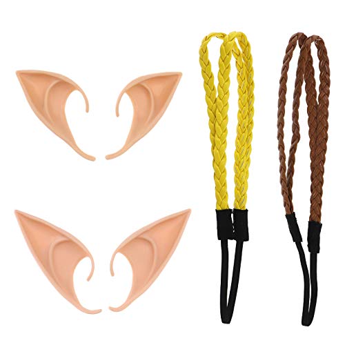 YINETTECH 4pcs Látex Elfo Hada Orejas con 2pcs Trenza de Pelo para Anime Hobbit Duende Pixie Cosplay Halloween Navidad Fiesta Decoración