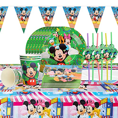 Yisscen Juego de Vajilla de Cumpleaños Mickey Mouse, Vajilla para Fiestas Infantil, Decoración Cumpleaños Vajilla Vasos Platos Servilletas Mantel Usado para Decoracion Fiesta Mickey Niña Niño