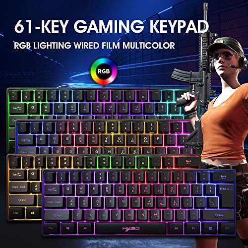 YMKT Teclado para juegos, 61 teclas multicolor RGB iluminado retroiluminación LED, múltiples combinaciones de teclas de acceso directo 60% teclado con cable, para ordenador portátil/PC/Mac