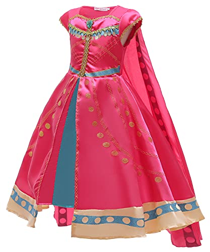 YOSICIL Disfraz Jasmine Niña, Vestido de Princesa Aladdin Jasmine con Lentejuelas, Traje Jasmine para Halloween Cosplay Navidad Fiesta Carnaval (3-8 Años), con Capa