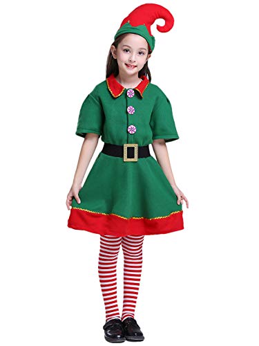 YOSICIL Niñas Niños Disfraz de Navidad Conjunto Disfraz Elfo Pantalones+Gorra+Calcetines Duende Costume Elfo Traje Navideño para Adultos 2-16 Años