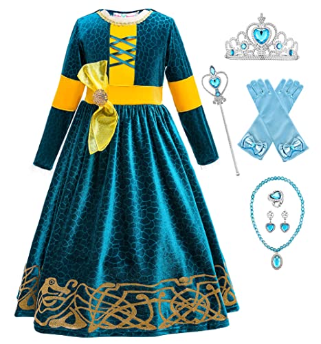 YOSICIL Vestido Princesa Disfraz Merida Brave Niña Merida Cosplay Costume Traje Manga Larga Fiesta Halloween Carnaval Navidad 3-9 años, Patrón de Bosque