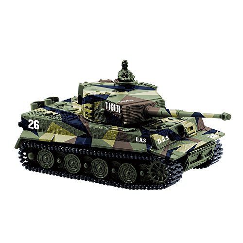 YouCute Mini RC Tank con Cable Cargador USB Control Remoto Tanque Panzer 1:72 German Tiger I con Sonido, torreta giratoria y acción de Retroceso Cuando lmanuale Italiano (Verde)