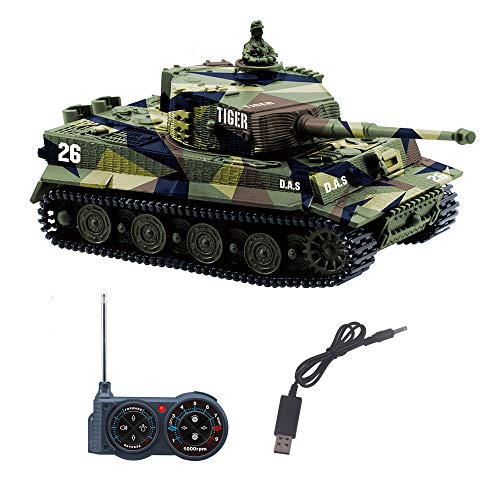 YouCute Mini RC Tank con Cable Cargador USB Control Remoto Tanque Panzer 1:72 German Tiger I con Sonido, torreta giratoria y acción de Retroceso Cuando lmanuale Italiano (Verde)