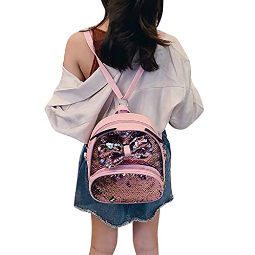 YWLINK Mochila Escolar,Ligero Mochila Escolar De Viaje De Bandolera De Lentejuelas De Dibujos Animados De Estudiante Bolsa De Doble Uso Con Lazo Degradado De Lentejuelas Fiesta Regalo Ocio(Rosado)