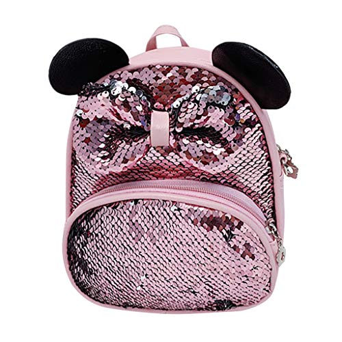 YWLINK Mochila Escolar,Ligero Mochila Escolar De Viaje De Bandolera De Lentejuelas De Dibujos Animados De Estudiante Bolsa De Doble Uso Con Lazo Degradado De Lentejuelas Fiesta Regalo Ocio(Rosado)