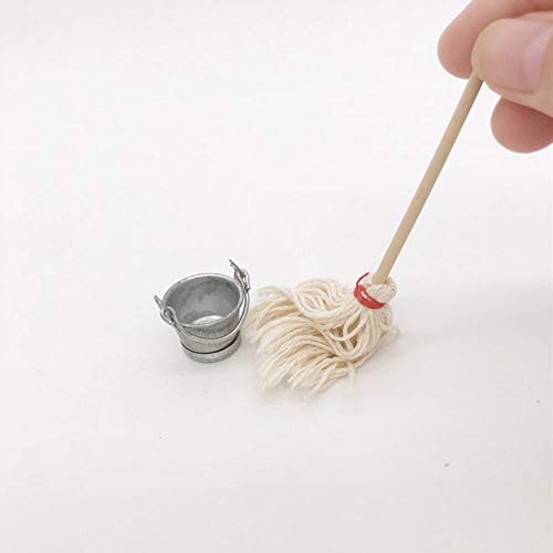 1/12 Casa de muñecas en Miniatura de la fregona Cubo Mini Lindo Mop Bucket Juego de Cocina Inicio de Accesorios para Decorar la casa Jardín