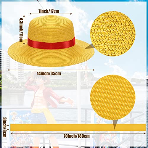 2 Piezas de Sombrero de Paja de Luffy y Cinturón Faja de Disfraz Gorro de Cosplay Animación Gorro de Paja Protector Solar de Personaje Dibujos Animados Anime Faja Amarilla Gorro de Verano