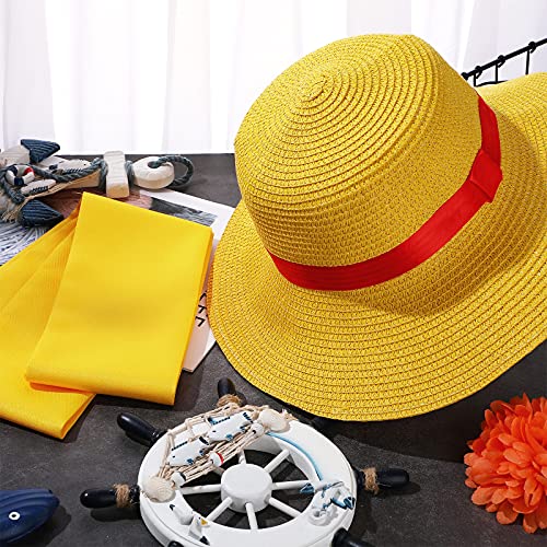 2 Piezas de Sombrero de Paja de Luffy y Cinturón Faja de Disfraz Gorro de Cosplay Animación Gorro de Paja Protector Solar de Personaje Dibujos Animados Anime Faja Amarilla Gorro de Verano