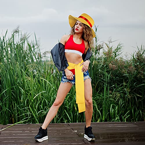 2 Piezas de Sombrero de Paja de Luffy y Cinturón Faja de Disfraz Gorro de Cosplay Animación Gorro de Paja Protector Solar de Personaje Dibujos Animados Anime Faja Amarilla Gorro de Verano