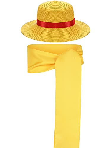 2 Piezas de Sombrero de Paja de Luffy y Cinturón Faja de Disfraz Gorro de Cosplay Animación Gorro de Paja Protector Solar de Personaje Dibujos Animados Anime Faja Amarilla Gorro de Verano