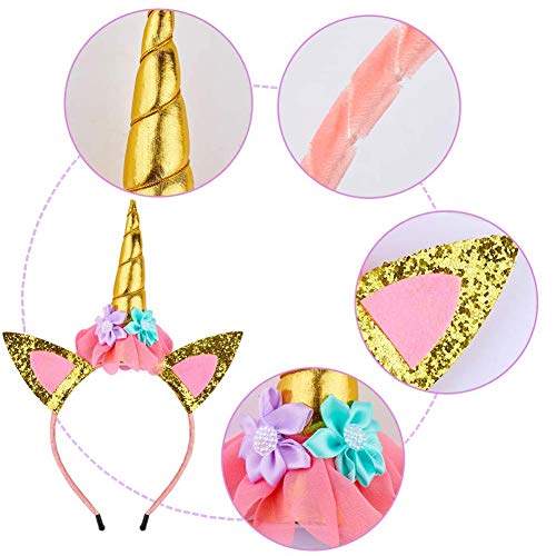 3 cintas para el pelo de unicornio para niños, Diadema de unicornio, cintas para el pelo de unicornio, con accesorios para el pelo y orejas de cuerno de unicornio, para Pascua, cumpleaños, fiestas