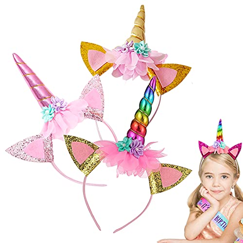 3 cintas para el pelo de unicornio para niños, Diadema de unicornio, cintas para el pelo de unicornio, con accesorios para el pelo y orejas de cuerno de unicornio, para Pascua, cumpleaños, fiestas