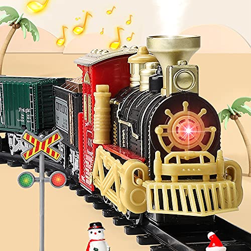 ACOOLOO Juego de Tren eléctrico para árbol de Navidad, Juego de Tren de Juguete con Sonidos realistas de Locomotora de Vapor, Juguetes de Tren Faros Delanteros con decoración de Escena