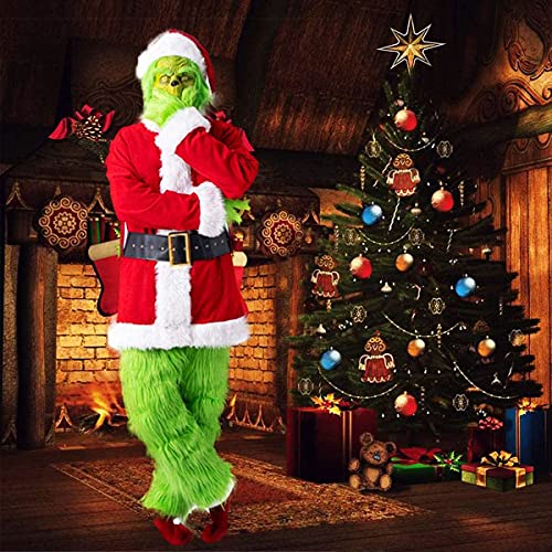 Adulto Grinch Green Navidad 7 Unids Conjunto De Disfraces, Grinch Party Disfraz Christmas Deluxe Furry Adulto Santa Traje Traje Tambien Niños,3XL