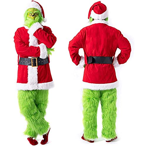 Adulto Grinch Green Navidad 7 Unids Conjunto De Disfraces, Grinch Party Disfraz Christmas Deluxe Furry Adulto Santa Traje Traje Tambien Niños,3XL