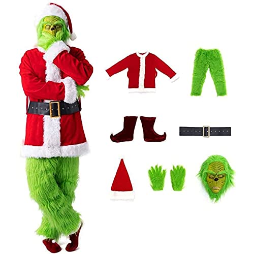 Adulto Grinch Green Navidad 7 Unids Conjunto De Disfraces, Grinch Party Disfraz Christmas Deluxe Furry Adulto Santa Traje Traje Tambien Niños,3XL