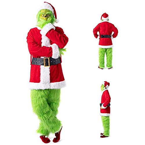 Adulto Grinch Green Navidad 7 unids Conjunto de Disfraces, Grinch Party Disfraz Navidad Deluxe Furry Adulto Santa Traje Traje Tambien niños, L