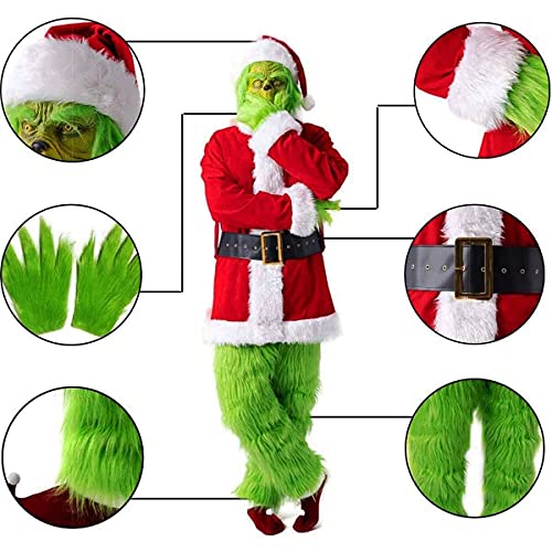 Adulto Grinch Green Navidad 7 unids Conjunto de Disfraces, Grinch Party Disfraz Navidad Deluxe Furry Adulto Santa Traje Traje Tambien niños, L