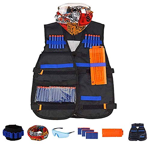 Airtana Chaqueta Chaleco Táctico de Los Niños ,30 Dardos Bullets Bola de Repuesto + Protección Gafas +1 Pinzas de Repuesto Rápido para Cargadores +Bufanda para Pistolas Nerf Serie Elite Strike