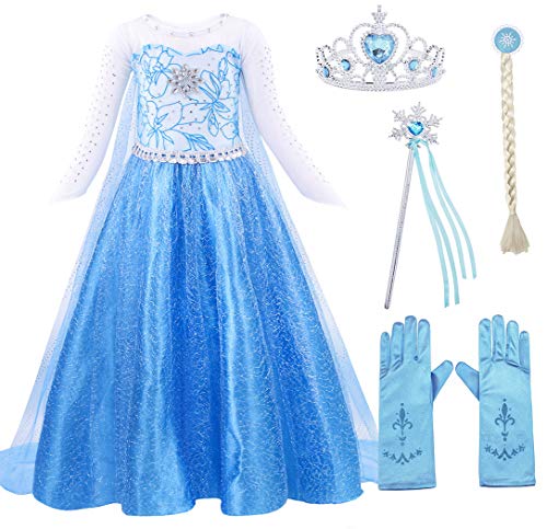 AmzBarley Disfraz Niña Princesa Reina de Nieve Elsa Vestido Niña Fiesta Capa Accesorios Cosplay Halloween Carnaval Cumpleaños Azul Oscuro 01 5-6 Años 120