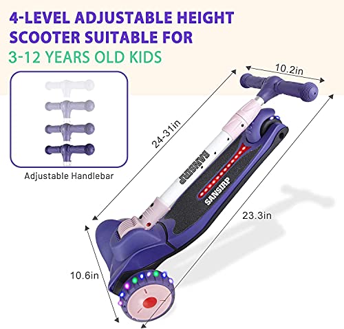 AOODIL Patinete de 3 Ruedas, patinetes para niños de 4 Niveles, Alturas Ajustables con función de música, Patinete para niños pequeños Plegable con un botón y 3 Ruedas LED para Edades de 2 a 12 años