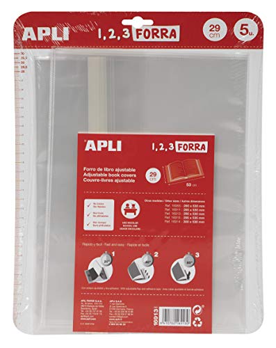 APLI 16913 - Forro de libros con solapa ajustable de polipropileno. Medida 29 x 53 cm, 75 µ. Pack de 5 u.