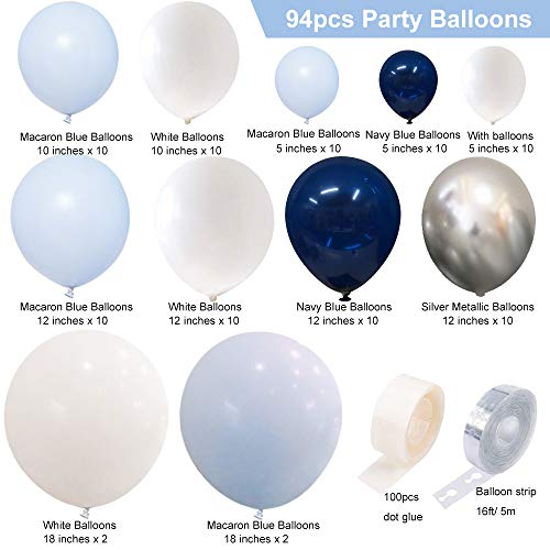 Arco de Globo Cumpleaños Azules Blancos Plata SKYIOL 96 piezas Kit Guirnaldas Globos Helio Metálico Pastel Globo con 5m Tiras Cinta Pegamento Puntos para Boda Niños Bautismo Baby Shower Deco Fiesta