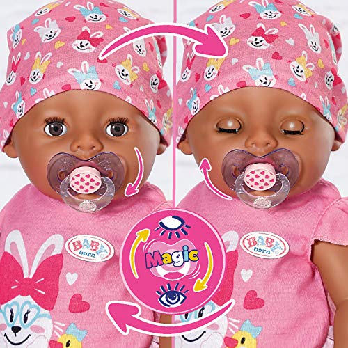 BABY born Soft Touch Girl Ojos Marrones 43 cm con Chupete Mágico - Muñeca Realista con Funciones Realistas, Suave al Tacto, Cuerpo Flexible, Come, Duerme, Llora y Usa la Bacinica, 11 Accesorios, Rosa