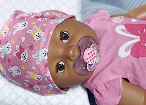 BABY born Soft Touch Girl Ojos Marrones 43 cm con Chupete Mágico - Muñeca Realista con Funciones Realistas, Suave al Tacto, Cuerpo Flexible, Come, Duerme, Llora y Usa la Bacinica, 11 Accesorios, Rosa