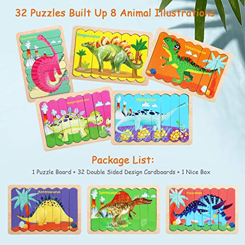 BelleStyle Rompecabezas de Madera para Niños 3 4 5 Años, Puzzles de Madera Animales, 32 Piezas 8 Dinosaurio Rompecabezas de Cartón Montessori Juguete - Educativos Juguetes para Pequeños Niños Niñas