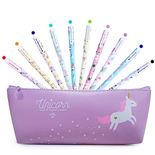 BIQIQI Unicornio Estuche Papelería Set Lápices Bolígrafos de Unicornio Escolar Kawaii Boligrafos Gel 10 Colores para el Colegio y La Oficina Regalo de Cumpleaños Niña 4 5 6 7 8 9 10 Años