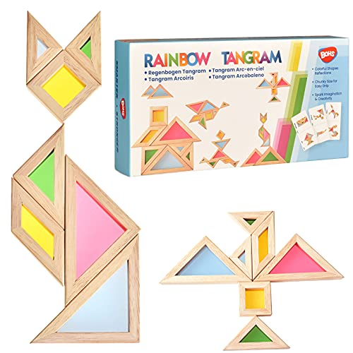 BOHS Rainbow Tangram con tarjetas de actividad, rompecabezas de tamaño grueso, mesa de luz para niños pequeños | Juguetes para ventanas de jardín /7 piezas