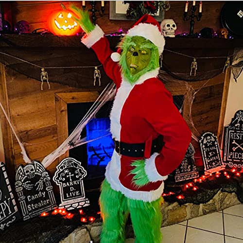 Boomar Disfraz de monstruo verde de Navidad para niños pequeños y adultos Grinch Green Santa Suit Deluxe Furry Party Dress Up Outfit (Rojo-Adultos, M)