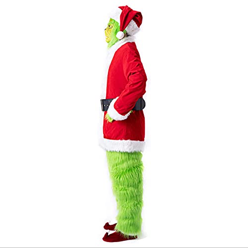 Boomar Disfraz de monstruo verde de Navidad para niños pequeños y adultos Grinch Green Santa Suit Deluxe Furry Party Dress Up Outfit (Rojo-Adultos, M)