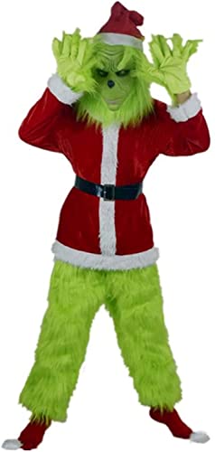 Boomar Disfraz de monstruo verde de Navidad para niños pequeños y adultos Grinch Green Santa Suit Deluxe Furry Party Dress Up Outfit (Rojo-Adultos, M)