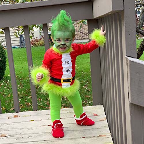 Boomar Disfraz de monstruo verde de Navidad para niños pequeños y adultos Grinch Green Santa Suit Deluxe Peludo Party Dress Up Outfit (Rojo-Niños, 2-3T)