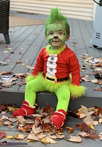 Boomar Disfraz de monstruo verde de Navidad para niños pequeños y adultos Grinch Green Santa Suit Deluxe Peludo Party Dress Up Outfit (Rojo-Niños, 2-3T)