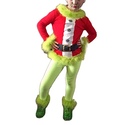 Boomar Disfraz de monstruo verde de Navidad para niños pequeños y adultos Grinch Green Santa Suit Deluxe Peludo Party Dress Up Outfit (Rojo-Niños, 2-3T)