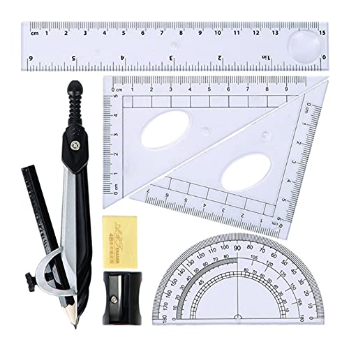 caihuashopping Dispositivos de Medida Profesional Compass Math Geometry Protractor Drawing Compass Ruler Triangle Math Study Tool Kit Suplementos Escolares (7pcs / Set) Compases