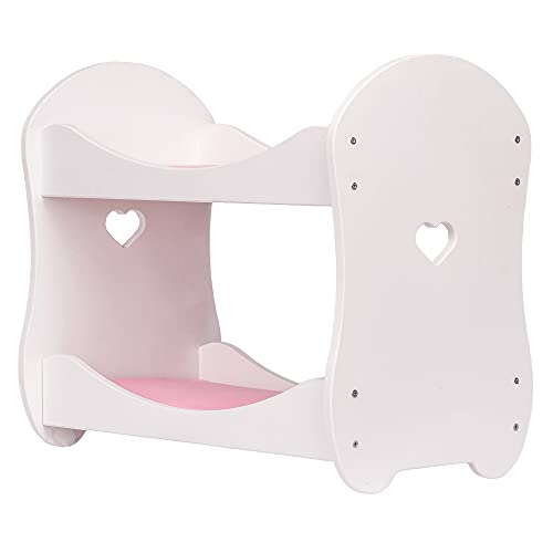 Cama litera de madera para muñecas de bebés de hasta 19 pulgadas (48 cm) con juego de cama de lino rosa, blanco