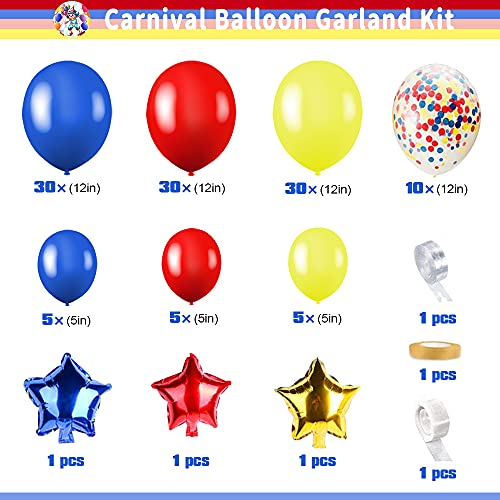 Carnival Circus Kit de Arco de Guirnalda de Globos,Kit de Arco de Globos con Globos de Látex Amarillo Azul Rojo Globos de Confeti Multicolores para Carnaval Fiesta Boda Cumpleaños Decoración